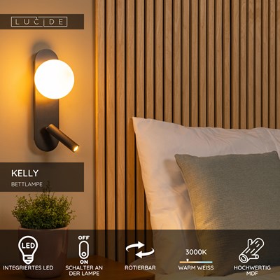 Lucide KELLY - Bettlampe / Wandleuchte - LED - 1x3,5W 3000K - Schwarz